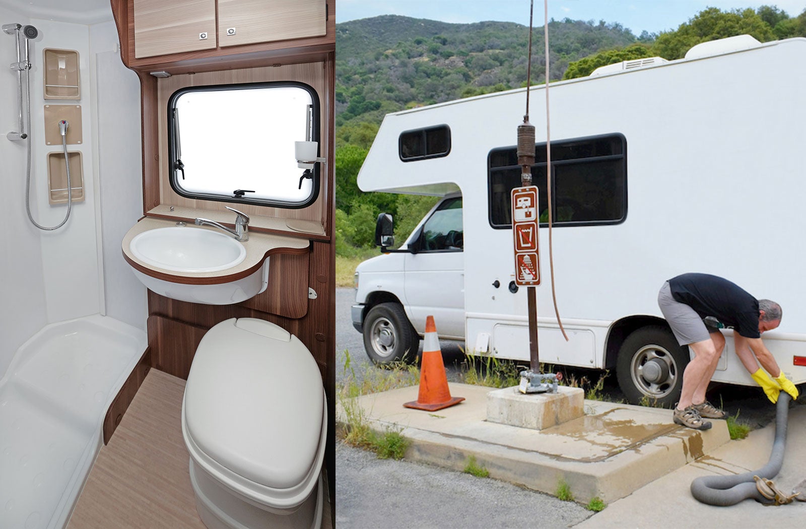 Portable RV/camper toilet and holding tank setup in Los Angeles, California